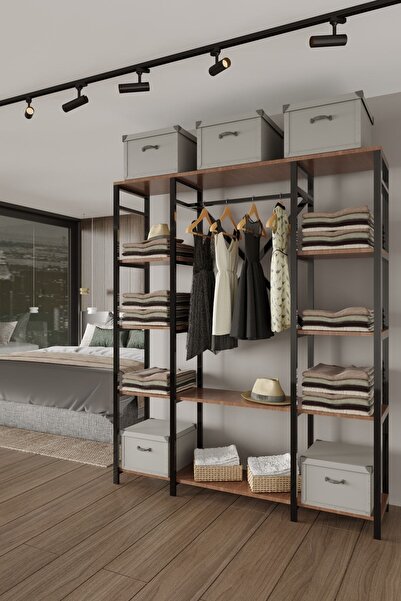 Empressco Majorka 180x150x35 Siyah Metal Ahşap Desenli Yonga Levha Açık Giyin...