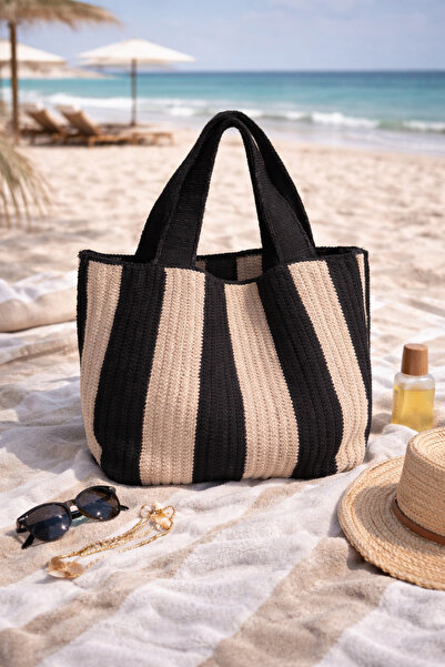Sea Style Χειροποίητη πλεκτή μποέμ ριγέ τσάντα παραλίας μεγάλου μεγέθους