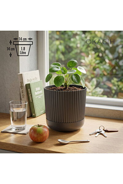 okacih Modern Ribbed Çizgili Saksı 14 cm 1.8 Litre Dekoratif İç Mekan Saksı