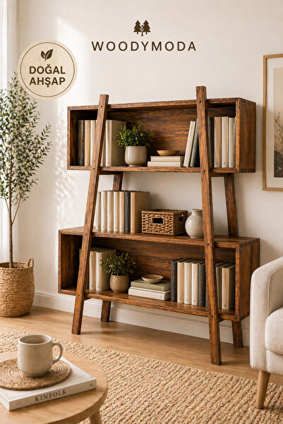Woodymoda İskandinav Tarz Doğal Ahşap Dekoratif Kitaplık 120x21x150 cm