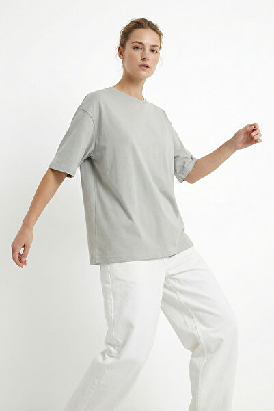 MAXIMILLIAN Γυναικείο μπλουζάκι σε γκρι χρώμα, oversize, βασικό, 100% βαμβακε...