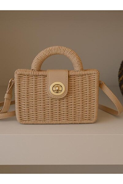 Adorisse Kadın El Yapımı Kapaklı Hasır Çanta - Camel Rattan Kutulu Model 17x2...