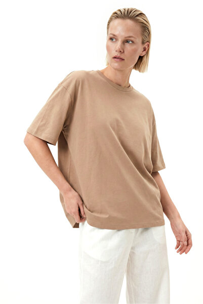 MAXIMILLIAN Women's Beige Oversize Basic T-Shirt 100% Cotton Crew Neck Comfor...