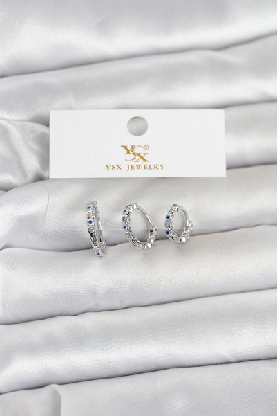 shopwave Brass Silver Rk Nazarlı Model 3-Piece Women's Earrings
