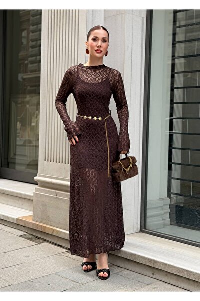 YK FASHION Dantelli Kemer Detaylı Elbise