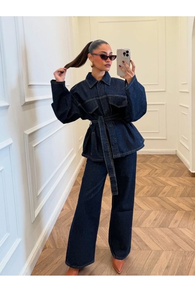 Ekim Store Navy Blue Belted Tie-Dye Denim Suit