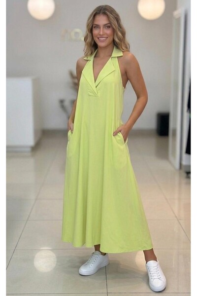 MONAMORE Γυναικείο πουκάμισο με γιακά Halter Cut Viscose Μακρύ Φόρεμα