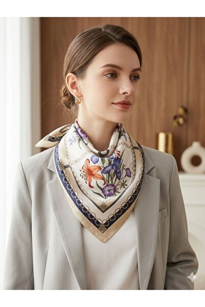 MAESTRO WOMAN Γυναικείο μπεζ φουλάρι με λουλουδάτο σχέδιο από μεταξωτό σατέν ...