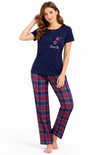 BALİS PİJAMA Women's Red Black Cotton Crew Neck Short Sleeve Buttoned Star De...