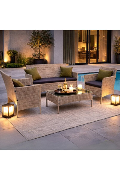 varioshop Σετ επίπλων κήπου από μπεζ τεχνορατάν, με διθέσιο καναπέ, δύο πολυθ...