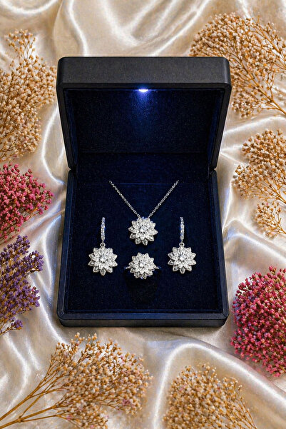 Silvanya Jewelry 925 Ayar Gümüş Beyaz Lotus Çiçeği Kolye Küpe Ayarlanabilir Y...