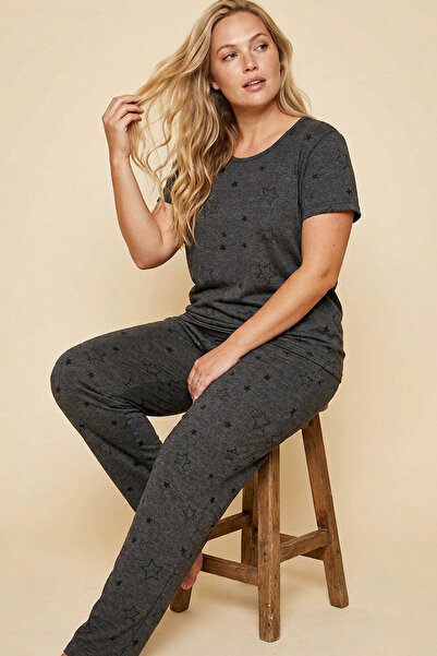 Siyah İnci Σκούρο ανθρακί με σχέδιο αστεριών Πλεκτό σετ πιτζάμες μεγάλου μεγέ...