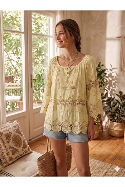 AYASOFYA OTANTIK Γυναικεία Ιταλική Κίτρινη Μπλούζα με Λεπτομέρειες από Παγιέτ...