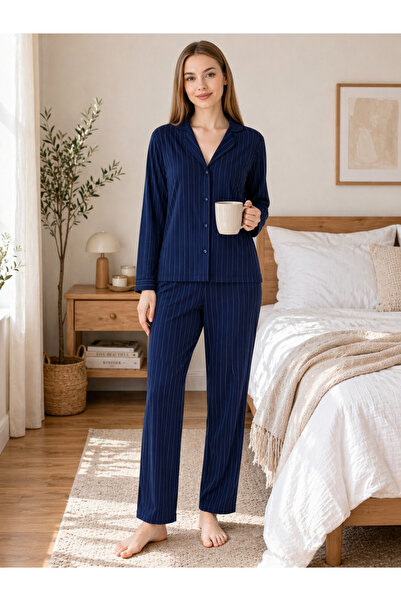 YUYİ Υφασμάτινο πουκάμισο με απαλή υφή, μακρυμάνικο, γυναικείο σετ πιτζάμες 775