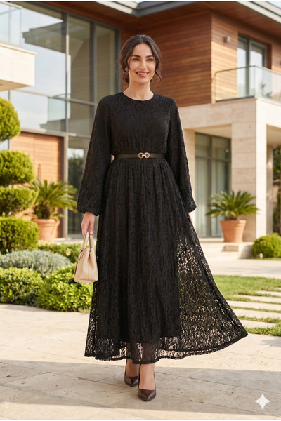 HANIMCA GİYİM ΚΑΛΟΚΑΙΡΙΝΟ ΜΑΚΡΥΜΑΝΙΚΟ ΦΟΡΕΜΑ ΜΕ ΔΑΝΤΕΛΕΣ ΛΕΠΤΟΜΕΡΕΙΕΣ ΚΑΙ ΖΩΝΗ