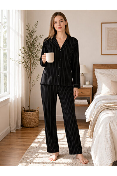 YUYİ Υφασμάτινο πουκάμισο με απαλή υφή, μακρυμάνικο, γυναικείο σετ πιτζάμες 775