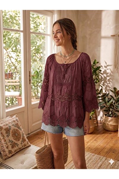 AYASOFYA OTANTIK Γυναικεία ιταλική μπλούζα από μετάξι με λεπτομέρειες από βελ...