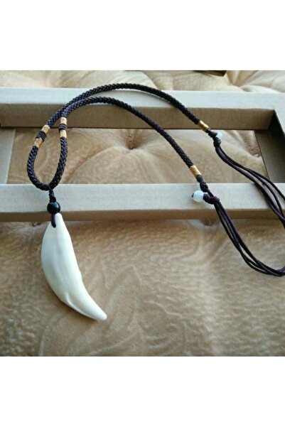 GÜMRÜK MARKET Doğal Tibet 3-4cm Kurt Dişi Kolye Beyaz Ayarlı Kordon İp 2 Boncuk
