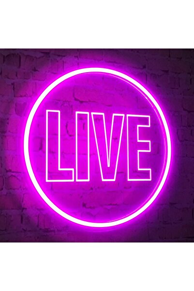 Slasa LIVE LED Neon Sign 45x45 cm Round Pink Light 6mm Acrylic Base Podcast D...