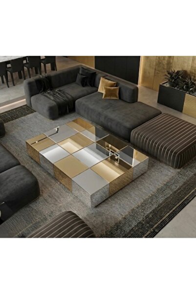 LUXURY VİLLA LUXURY GOLD VE GÜMÜŞ AYNALI DEKORATIF TEKERLEKLİ ORTA SEHPA 80x1...