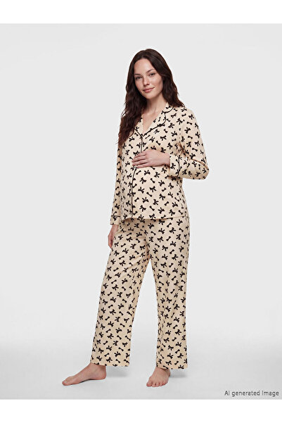 LC Waikiki Lcw Dream Shirt Collar Bow Printed Maternity Pajama Set