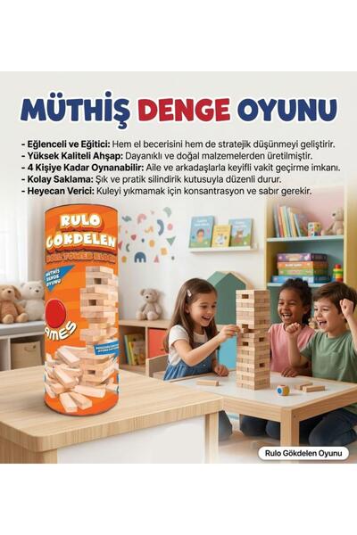 Tıfıl Toys Rulo Gökdelen! 54 Parça Ahşap Rulo Kutulu Eğitici ve Zeka Aile Den...