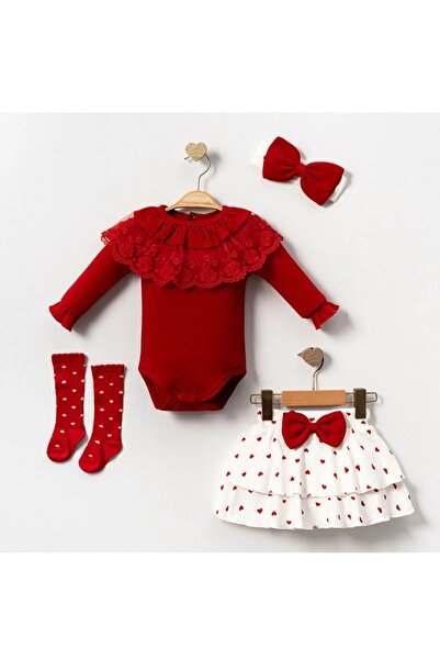 BabyWings Baby Girl Ruffled Collar Romper with Skirt and Heart Print 4-Piece Set