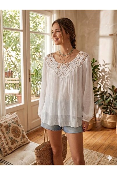 AYASOFYA OTANTIK Women's Italian Lace Collared Silk Blouse