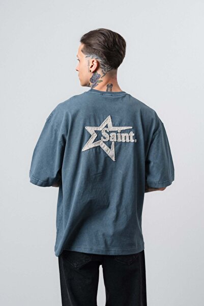 Respire Ανδρικό T-Shirt Saint με κέντημα, πλενόμενο, oversized, χρώμα πετρόλ