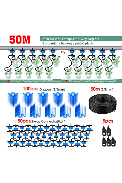 Choice19 طقم نظام ري بالتنقيط Ix50m 100-10M 4/2-Way 8L مع جهاز إرسال وريشة تن...