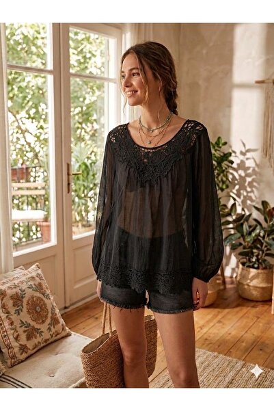 AYASOFYA OTANTIK Γυναικεία Ιταλική Μαύρη Δαντελένια Μεταξωτή Μπλούζα με Γιακά