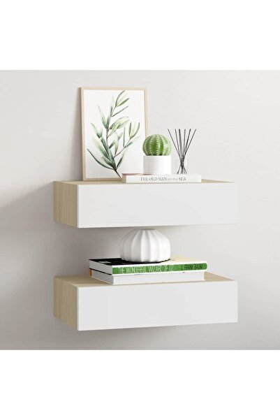 vidaxl Ράφια με Συρτάρι 2 τεμ. Δρυς / Λευκά 40 x 23,5 x 10 εκ. MDF