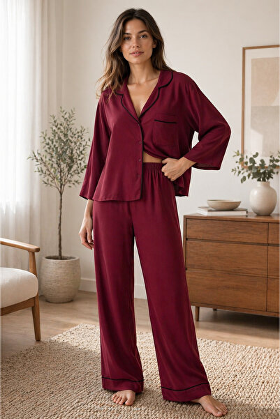 XICCOO Kadın bordo Şık Pijama Takımı – Rahat Kesim, Kontrast Biyeli Ev Giyim ...