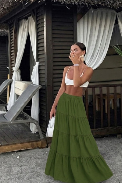 COMBİNE MİCHAİL Γυναικεία φούστα Comfort Fit Basic Khaki με μακριά φύλλα