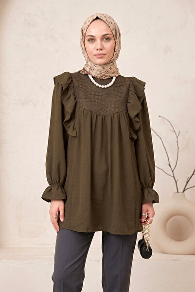 FERHEL Τουνίκ με βολάν στους ώμους και δαντέλα μπροστά - Καφέ