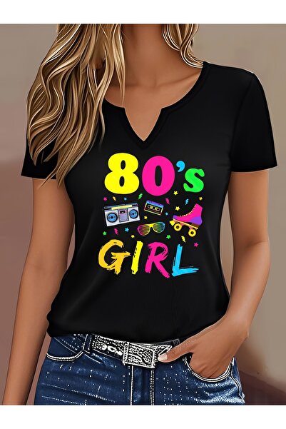 mercoledi Γυναικείο μπλουζάκι με στάμπα, μισό μανίκι σε σχήμα V, κανονική εφα...