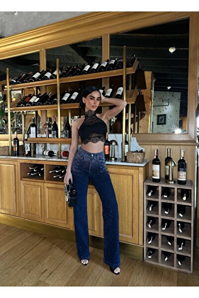 GLAMMOSS L'Atelier Μαύρη Ζώνη με Πέτρινη Λεπτομέρεια Palazzo Jean GLM-746