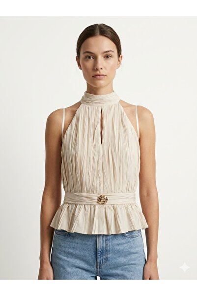 SHIN Butik SHIN Bej Piliseli Halter Yaka Bluz