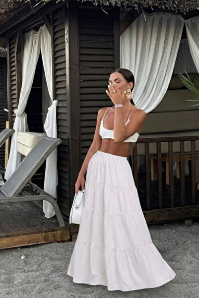 COMBİNE MİCHAİL Γυναικεία Comfort Fit Basic Λευκή Μακριά Φούστα με άνοιγμα