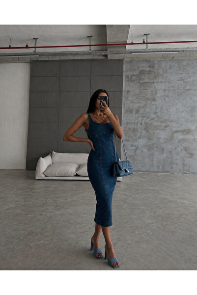 Ekim Store Lacivert Askılı Denim Elbise