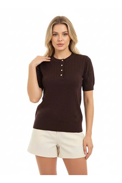 Park Karon 12467 Γυναικεία πλεκτή μπλούζα με λεπτομέρεια κουμπιού σε λαιμόκοψ...