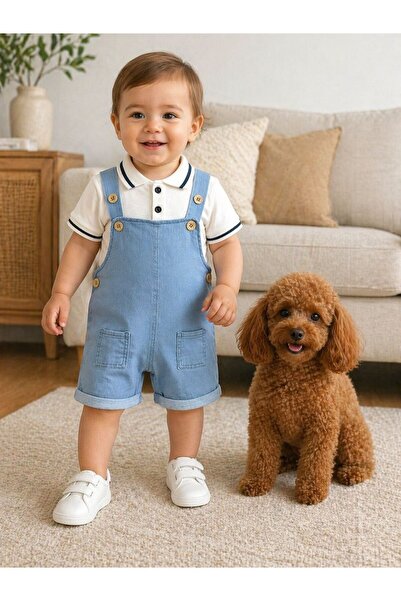 P&H BABYWEAR Polo Yaka Kısa Kollu ve Kot Askılı Tulum Yazlık Erkek Bebek/Çocu...
