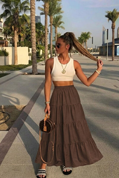 COMBİNE MİCHAİL Γυναικεία καλοκαιρινή άνετη καφέ μακριά φούστα