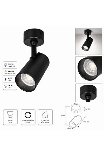 SeKaTech GU10 Duylu Siyah Aplik Spot – 4000K Naturel Işık 4,5W Ampul Dahil, A...