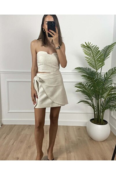 Myrum butik Chess Natural Bağlama Detaylı Premium Keten Etek