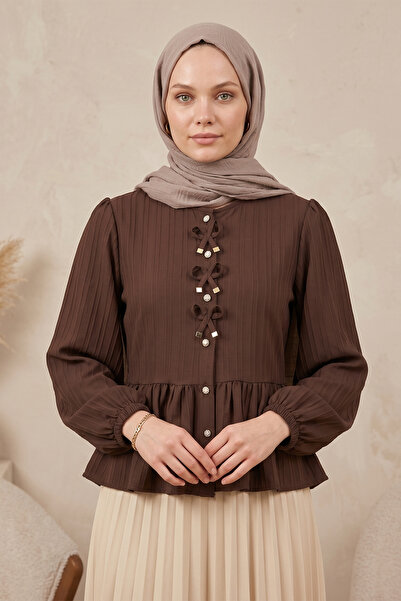 FERHEL Women's Bow Detailed Buttoned Blouse - Coffee