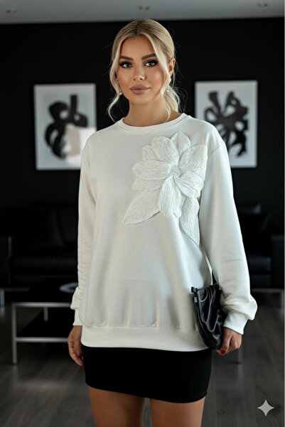 AZRA BUTİK Λευκό μεγάλο φούτερ με λουλούδια