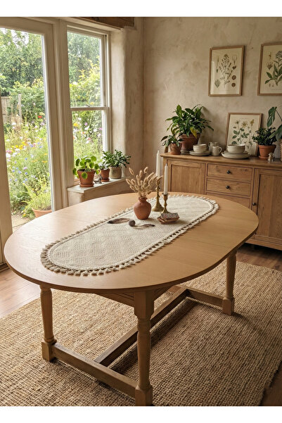 Lilza Home Doğal Dokulu Püsküllü Buldan Bezi Oval Runner 40×110 cm