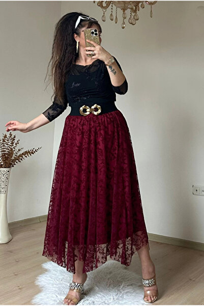 AZRA BUTİK Φούστα με σχέδιο Flock Print, Βουργουνδίας