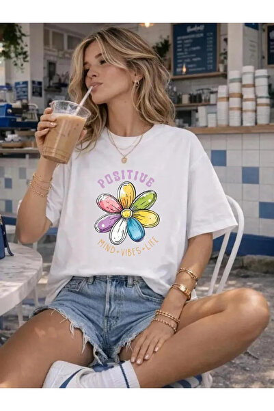 ELNOYA تي شيرت كبير الحجم مطبوع عليه Positive Mind Vibes Life Flower